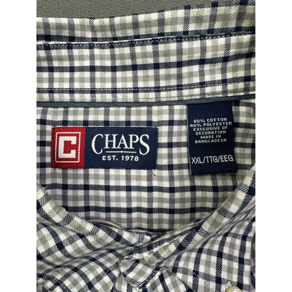 Chaps Men XXL Gingham Check Button Down Shirt Navy Grey Long Sleeve Cotton Blend